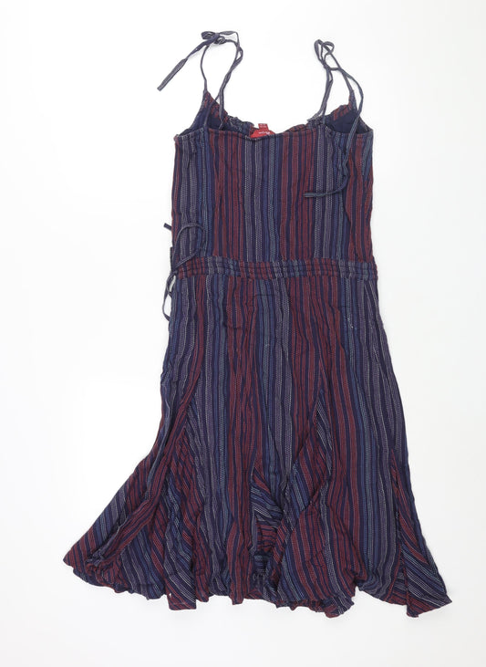 Monsoon Womens Blue Striped Cotton Shift Size 10 V-Neck Zip - Drawstring Tie