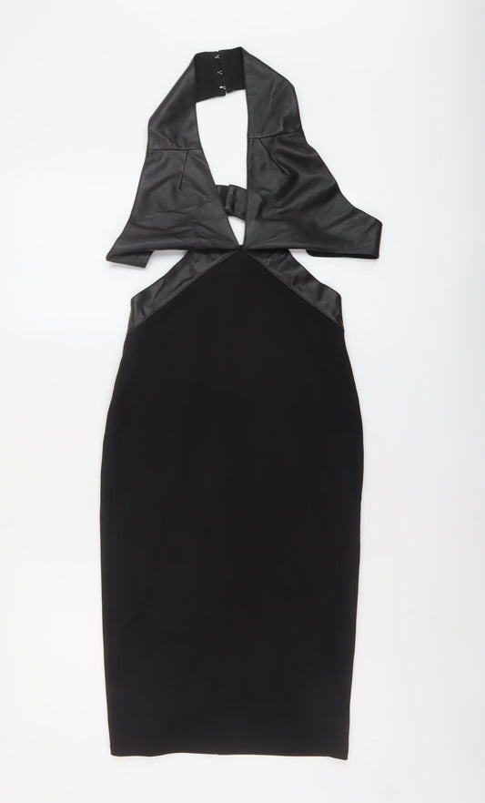 Additional front view of Missguided women’s black polyester bodycon, size UK 10, halter zip