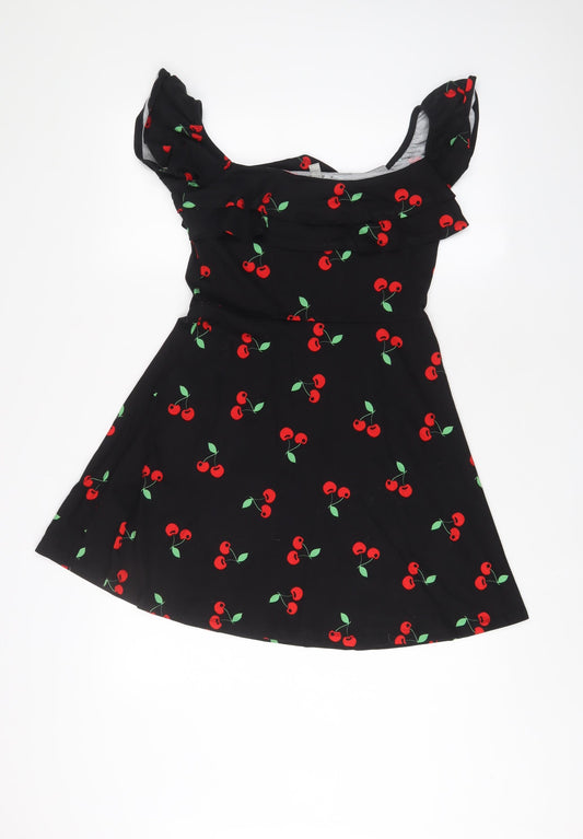 ASOS Womens Black Geometric Cotton A-Line Size 10 Off the Shoulder Pullover - Cherries