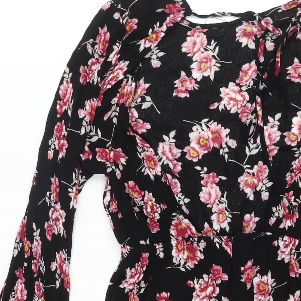 PRETTYLITTLETHING Womens Black Floral Viscose A-Line Size 6 Boat Neck Zip - Backless