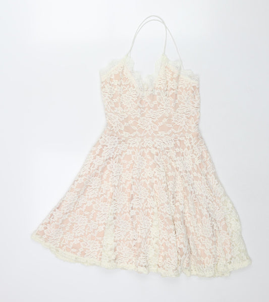 Additional front view of Missguided women’s ivory polyester fit & flare, size UK 8, v-neck pullover