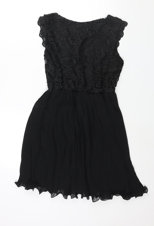 Boohoo Womens Black Polyester Fit & Flare Size 10 Round Neck Zip - Pleated Lace Bodice