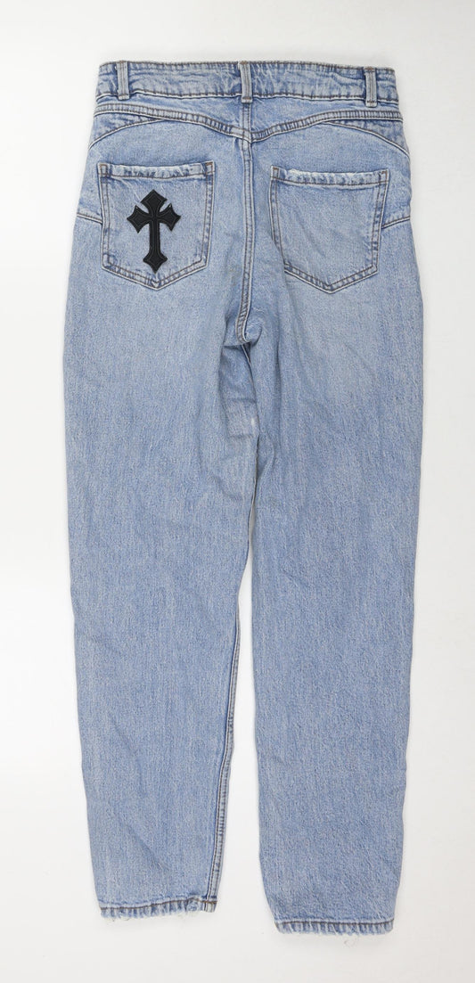 New Look Womens Blue Cotton Mom Jeans Size 8 L28 in Regular Zip - Cross Detail