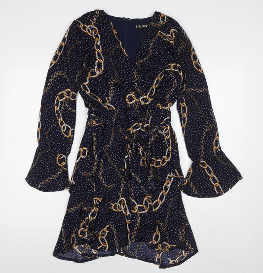 Additional front view of In the Style women’s blue polka dot polyester a-line, size UK 10, v-neck zip - chain detail