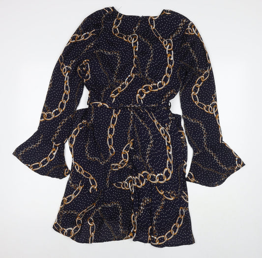 In the Style Womens Blue Polka Dot Polyester A-Line Size 10 V-Neck Zip - Chain Detail