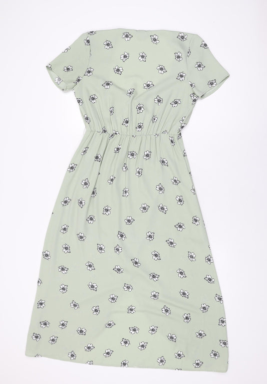 H&M Womens Green Floral Polyester A-Line Size 6 V-Neck Pullover