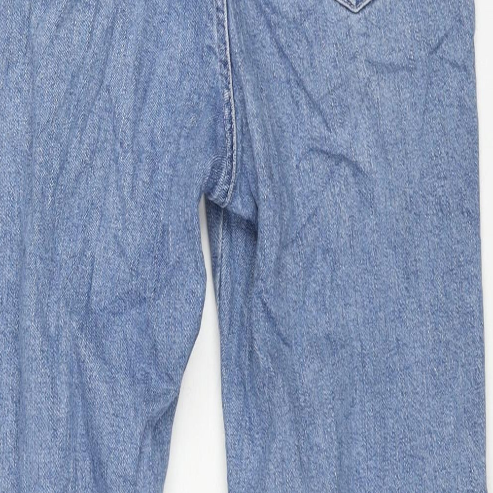 Brand and care label for ASOS women’s blue cotton tapered jeans, size UK 30, in, 30-inch leg regular zip - front seam detail