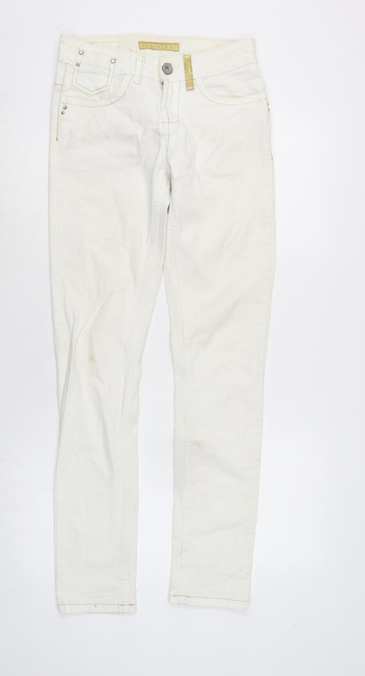 Additional front view of Denim & Co. women’s ivory cotton blend tapered jeans, size UK 10, 30.5-inch leg regular zip