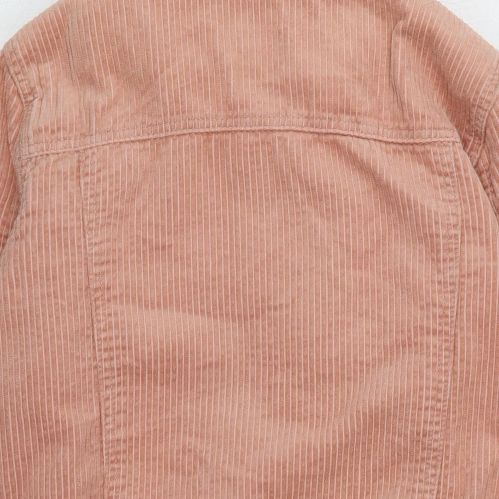 Brand and care label for Denim & Co. women’s pink biker jacket, size UK 8, button