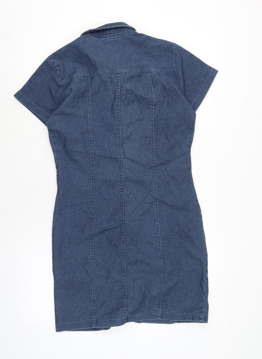 Select Womens Blue Cotton A-Line Size 10 Collared Button