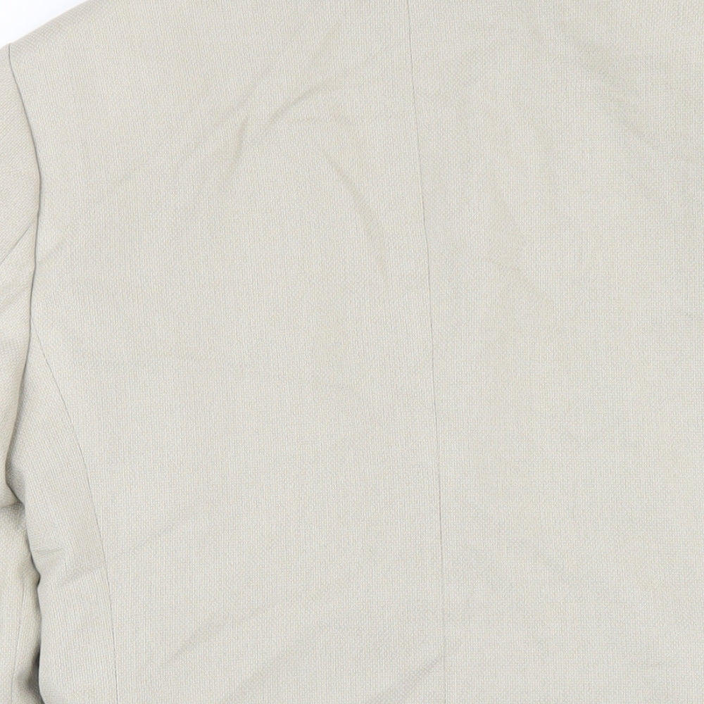Brand and care label for ASOS men’s beige polyester jacket blazer, size 36, regular