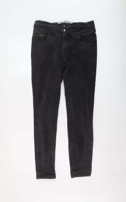 Additional front view of Denim & Co. women’s black cotton skinny jeans, size UK 12, 29-inch leg regular button