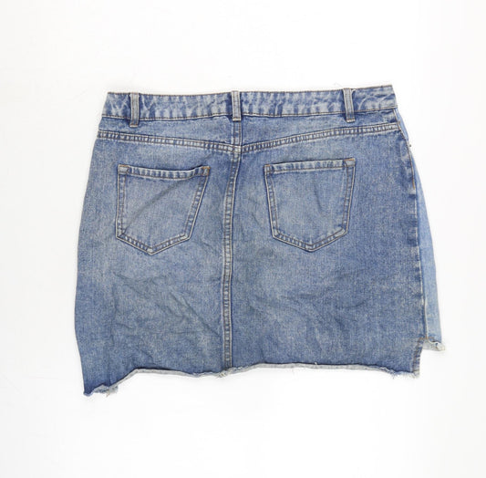 New Look Womens Blue Cotton A-Line Skirt Size 14 Zip - Distressed
