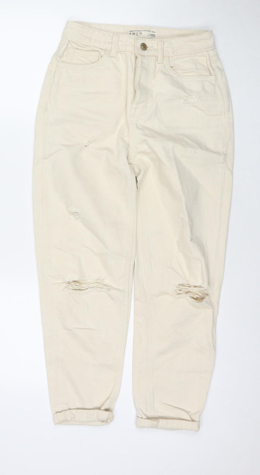 Additional front view of Denim & Co. women’s beige cotton mom jeans, size UK 6, 24-inch leg regular button