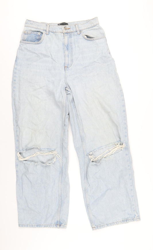 Additional front view of ASOS women’s blue cotton wide-leg jeans, size UK 30, in, 32-inch leg regular zip