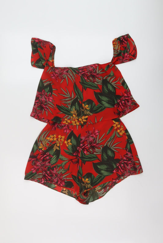 Additional front view of Missguided women’s red floral polyester playsuit one-piece, size UK 4, zip