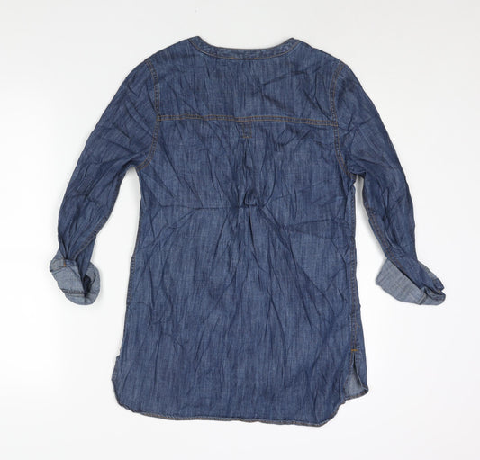 TU Womens Blue Cotton Basic Button-Up Size 8 V-Neck