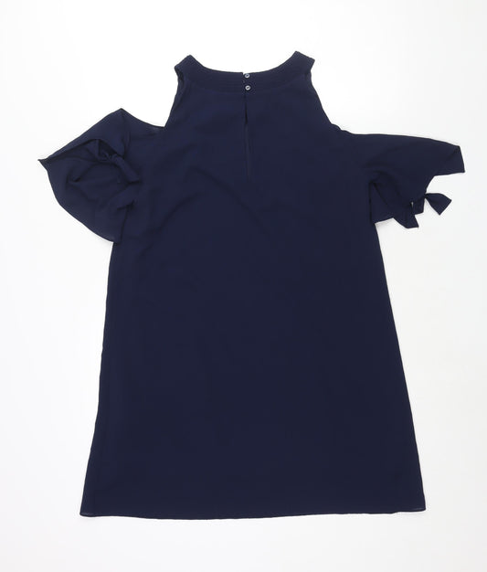 Zara Womens Blue Polyester Shift Size M Round Neck Button - Cold Shoulder Tie