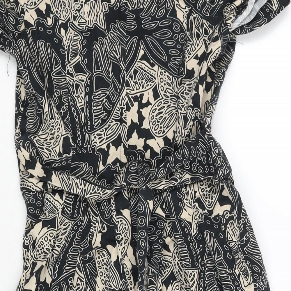 Dorothy Perkins Womens Black Geometric Cotton A-Line Size 6 V-Neck Zip - Belted Leaf Print