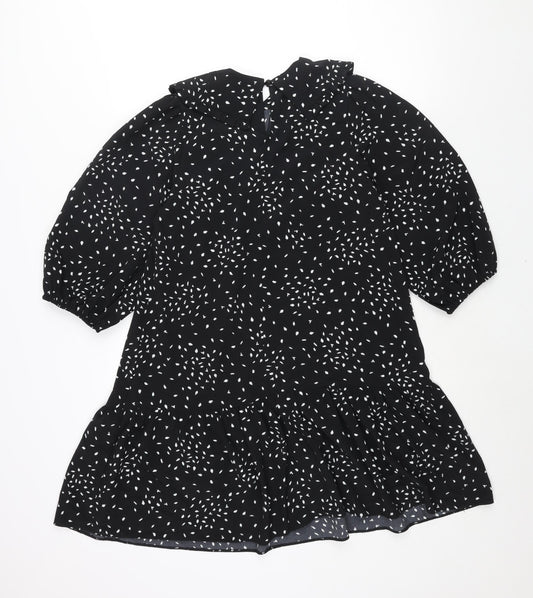 New Look Womens Black Geometric Polyester Shift Size 6 Collared Zip - Frill Smocked