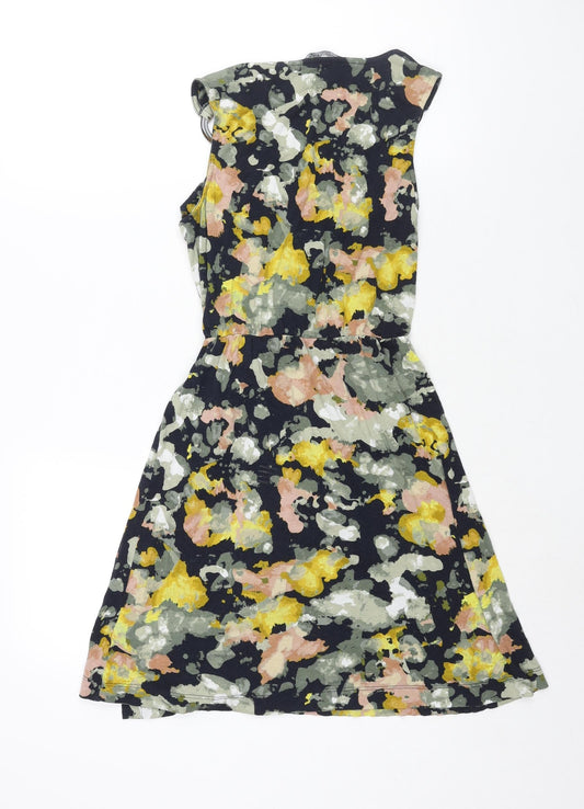 NEXT Womens Multicoloured Geometric Viscose A-Line Size 10 V-Neck Pullover - Tie Ring Detail