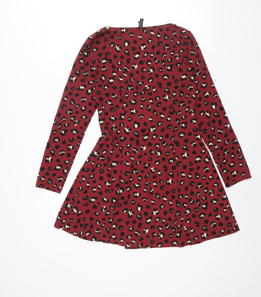 Divided by H&M Womens Red Animal Print Polyester A-Line Size 8 V-Neck Button - Leopard Print