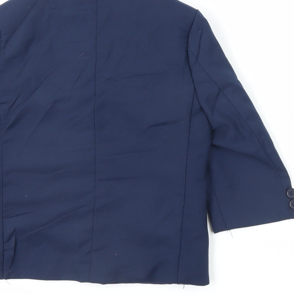 Brand and care label for VivaKi boys’ blue jacket blazer, size 2, years button