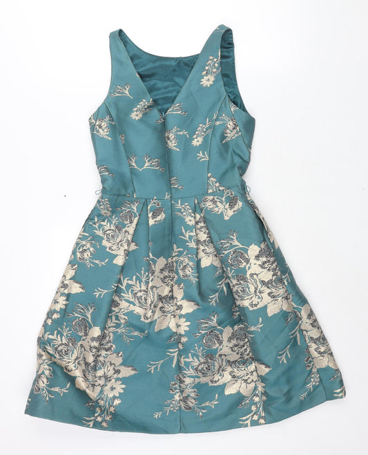 Monsoon Womens Blue Floral Polyester A-Line Size 8 Boat Neck Zip