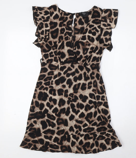 Additional front view of AX women’s beige animal print polyester a-line, size UK 8, v-neck zip