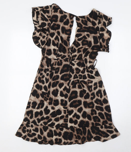 AX Womens Beige Animal Print Polyester A-Line Size 8 V-Neck Zip