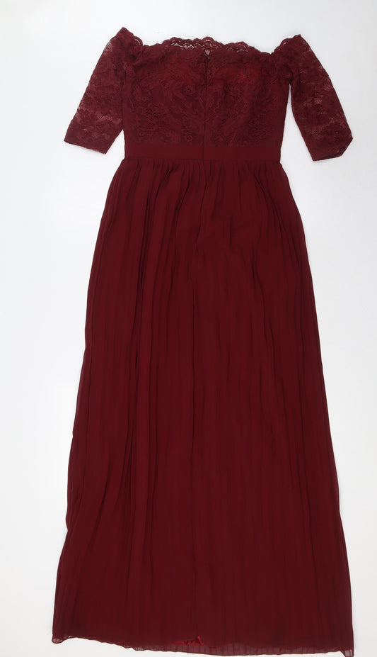 Chi Chi Womens Red Polyester Ball Gown Size 8 Off the Shoulder Zip - Pleated, Lace