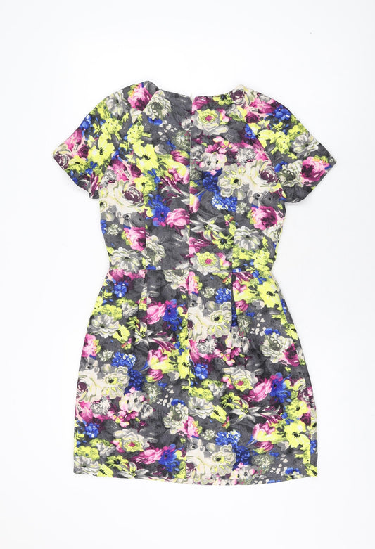 New Look Womens Grey Floral Polyester Mini Size 8 Round Neck Zip