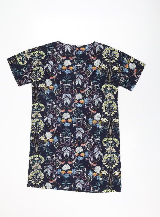 Boohoo Womens Blue Floral Polyester Shift Size 8 Round Neck Zip