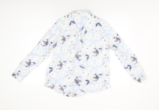 M&Co Womens Blue Floral Linen Basic Button-Up Size 14 Collared