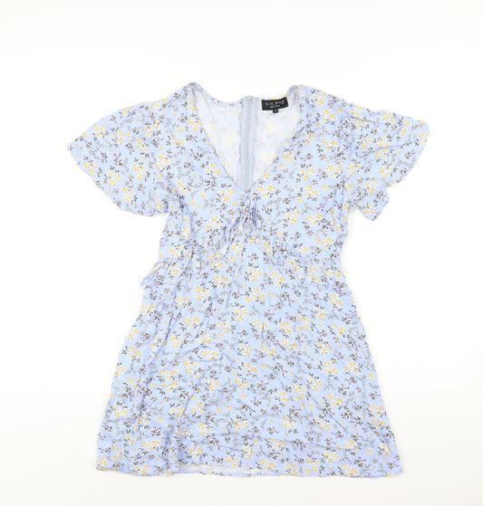 Additional front view of In the Style women’s blue floral viscose a-line, size UK 10, v-neck zip
