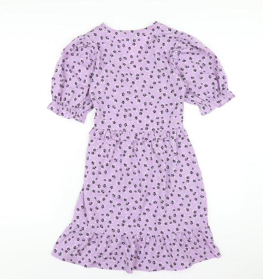 New Look Womens Purple Floral Polyester A-Line Size 6 V-Neck Zip