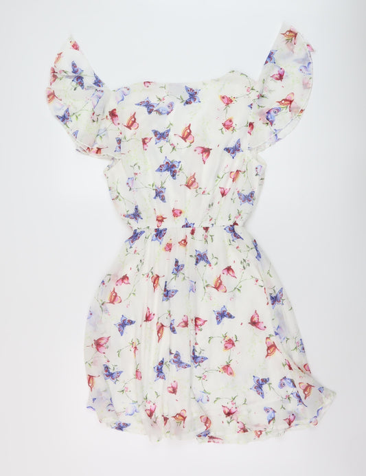 Mela London Womens White Geometric Polyester A-Line Size 10 V-Neck Pullover