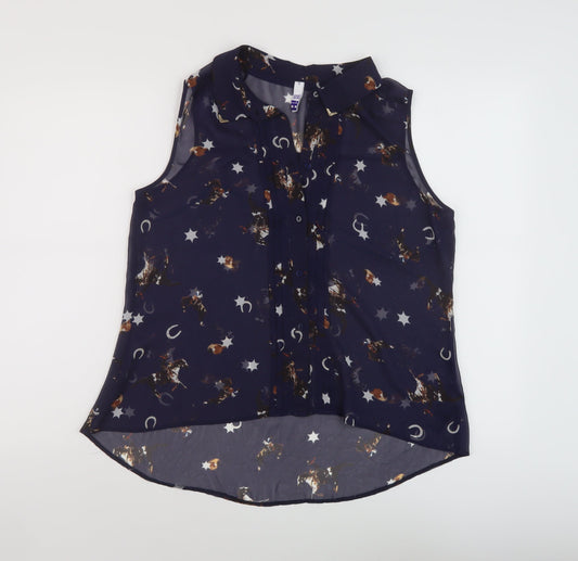 H! by Henry Holland Womens Blue Geometric Polyester Basic Tank Size 12 Collared