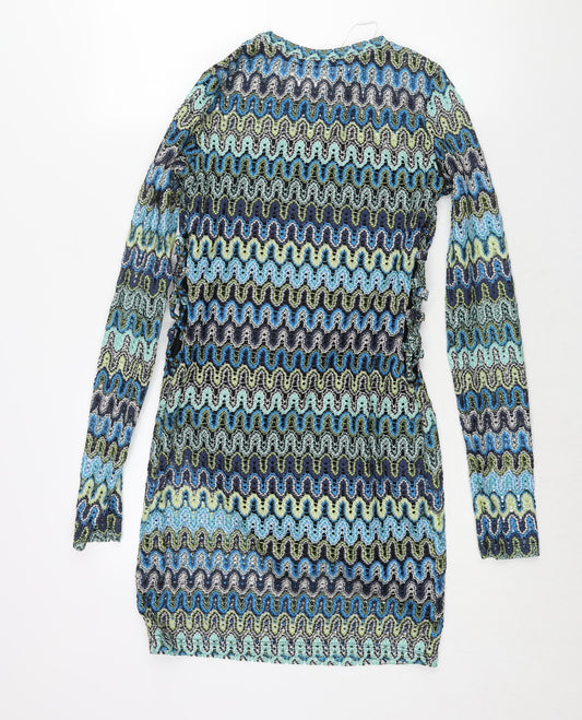Bershka Womens Multicoloured Geometric Polyester Bodycon Size M Round Neck Pullover - Lace Up Sides