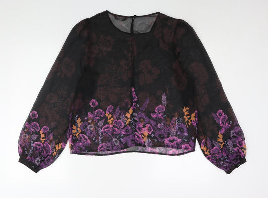 Miss Selfridge Womens Black Floral Polyester Basic Blouse Size 14 Round Neck - Semi Sheer