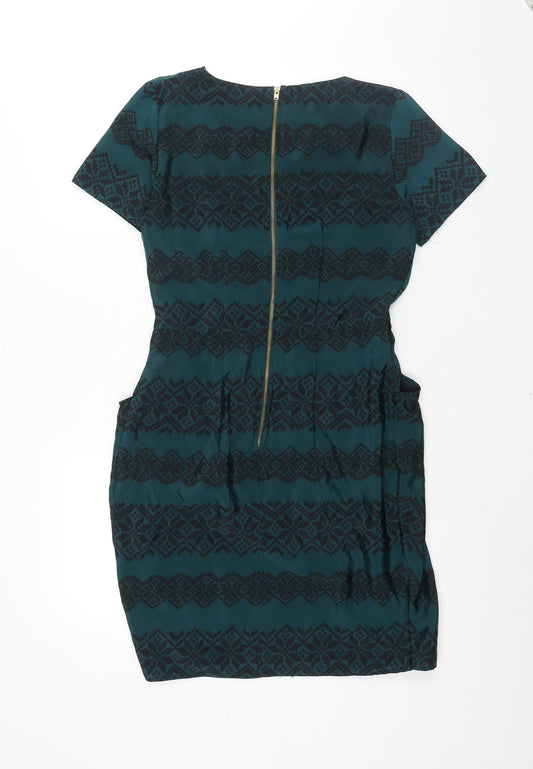 Closet Womens Green Geometric Polyester Sheath Size 12 V-Neck Zip - Pleat Detail