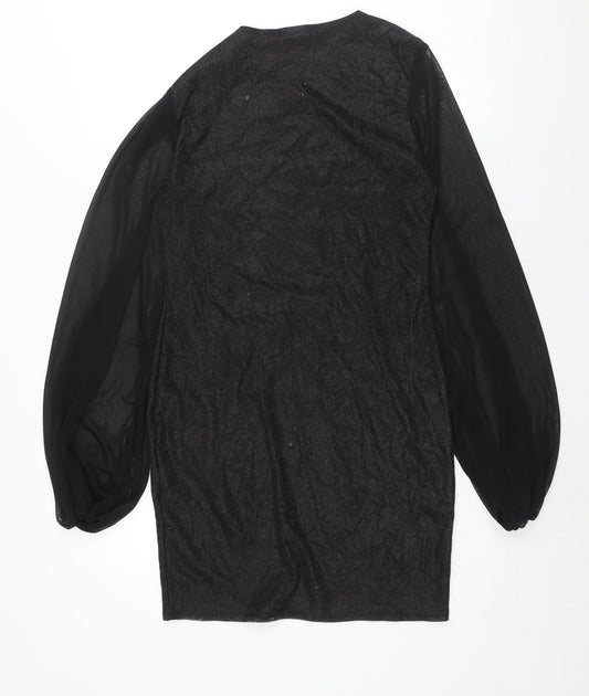 PRETTYLITTLETHING Womens Black Polyester Bodycon Size 10 Round Neck Pullover - Mesh Sleeve