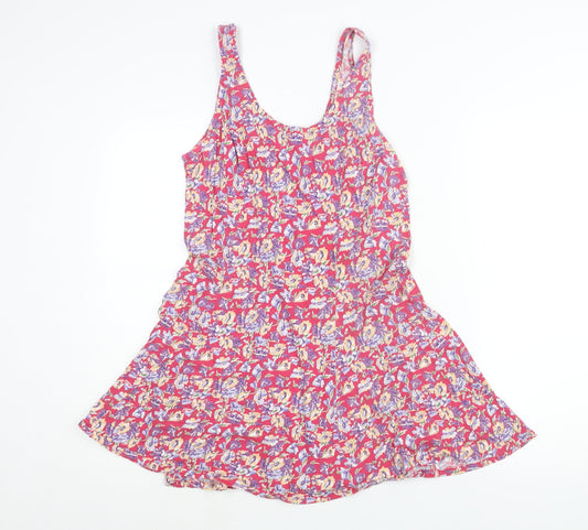 C&A Womens Pink Floral Cotton A-Line Size 14 Scoop Neck Pullover