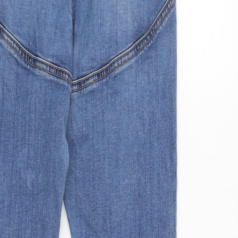 Brand and care label for ASOS women’s blue cotton blend tapered jeans, size UK 30, in, 27-inch leg regular zip