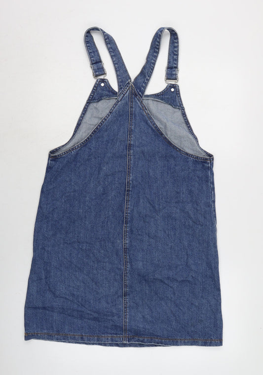 TU Womens Blue Cotton Pinafore/Dungaree Dress Size 10 Square Neck Pullover - Adjustable Straps