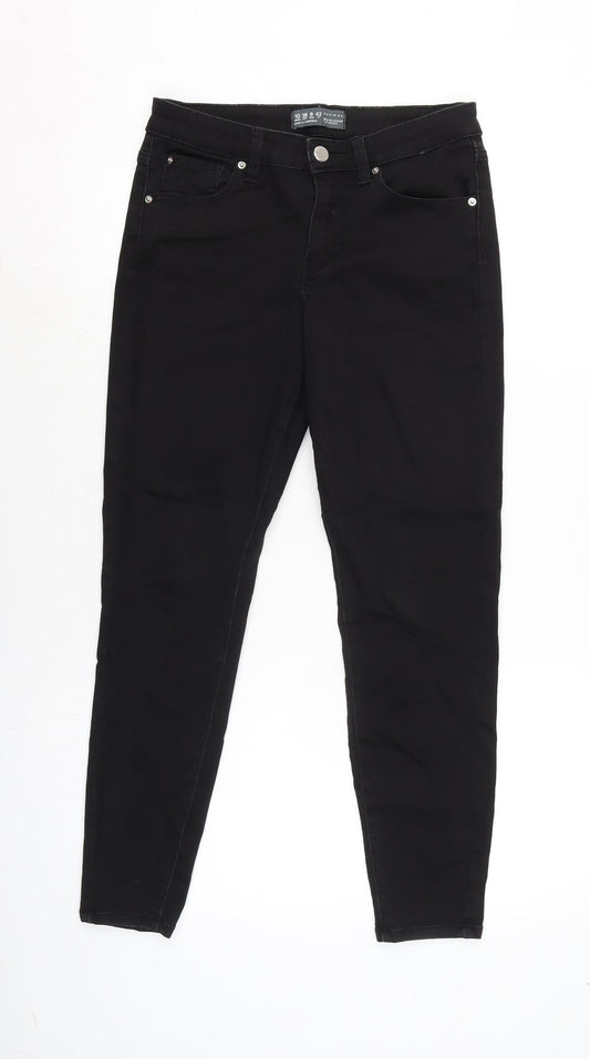 Additional front view of Denim & Co. women’s black cotton blend tapered jeans, size UK 10, 24.5-inch leg regular zip