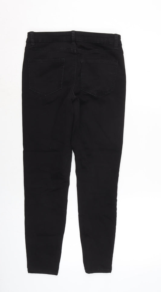 Additional front view of Denim & Co. women’s black cotton blend tapered jeans, size UK 12, 26-inch leg regular zip - raw hem