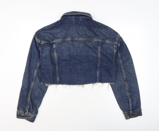 Additional front view of BDG women’s blue biker jacket, size L, button