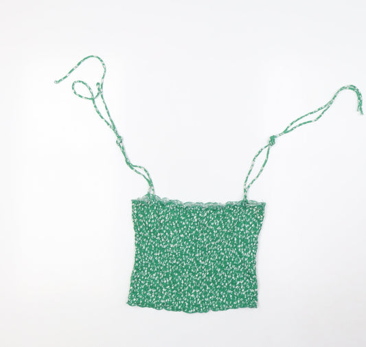 Stradivarius Womens Green Floral Cotton Basic Tank Size S Square Neck - Smocked Top