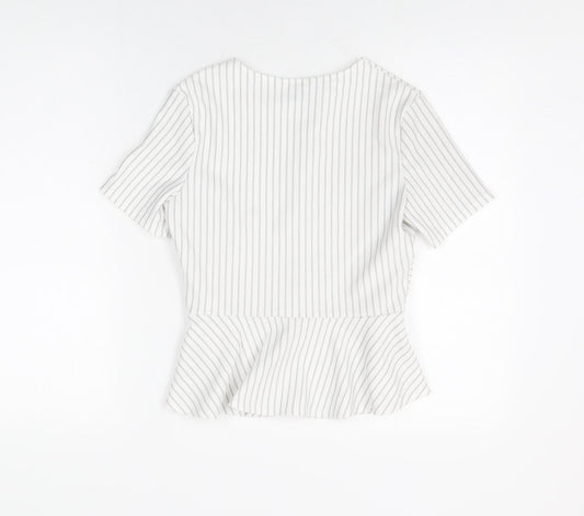 Miss Selfridge Womens White Striped Polyester Basic T-Shirt Size 8 Round Neck